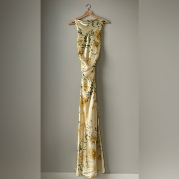 NEW Reformation Anaiis Long Backless Silk Dress Honeyglow Yellow Floral | US 6 - Picture 8 of 16